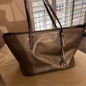 Michael Kors Metallic Silver Top-Zip Leather Tote Bag